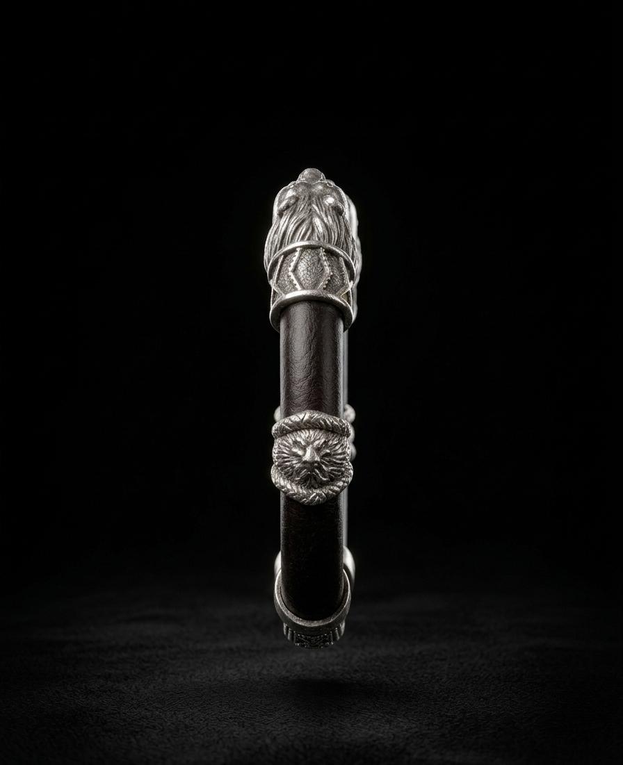 Bhairav Kada – Energized Pure Silver & Dark Leather Protection Bracelet