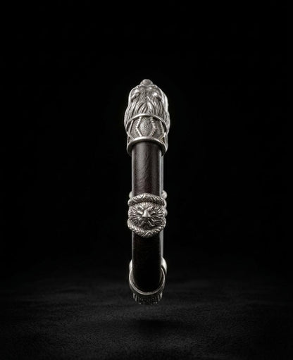 Bhairav Kada – Energized Pure Silver & Dark Leather Protection Bracelet