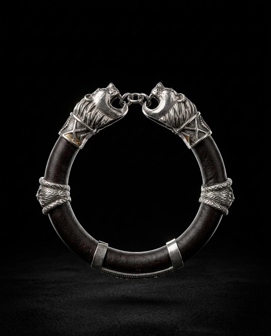 Bhairav Kada – Energized Pure Silver & Dark Leather Protection Bracelet
