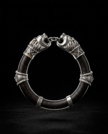 Bhairav Kada – Energized Pure Silver & Dark Leather Protection Bracelet