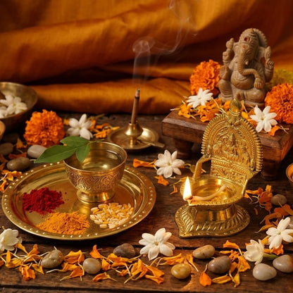 Sacred Gajalakshmi Brass Diya with beaded Brass Plate – Traditional Deepalakshmi Oil Lamp for Wealth & Prosperity